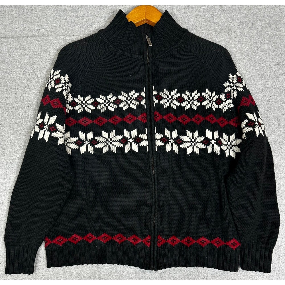 Vintage Eddie Bauer Cardigan Sweater XL Black Nordic Fair Isle Full Zip Chunky